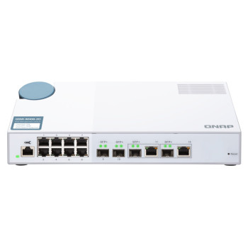 Switch  es  QSW-M408-2C Switch 10GbE - 12 puertos (8 RJ45, 2 SFP+, 2 combo SFP+ RJ45), agregación de puertos 802.3ad
