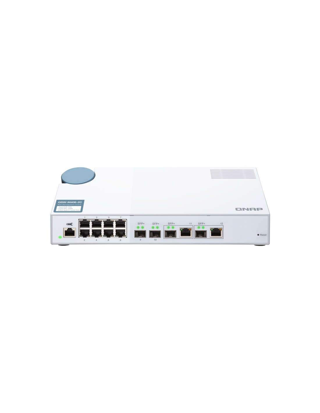  QSW-M408-2C Switch 10GbE - 12 puertos (8 RJ45, 2 SFP+, 2 combo SFP+ RJ45), agregación de puertos 802.3ad