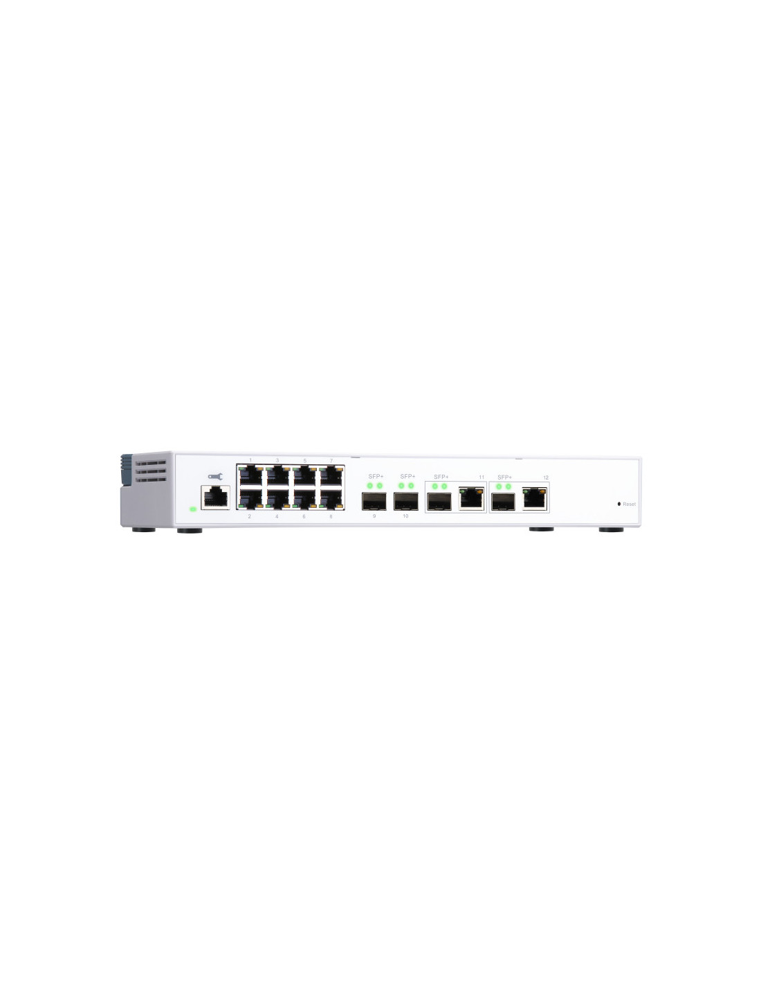 Switch  es  QSW-M408-2C Switch 10GbE - 12 puertos (8 RJ45, 2 SFP+, 2 combo SFP+ RJ45), agregación de puertos 802.3ad