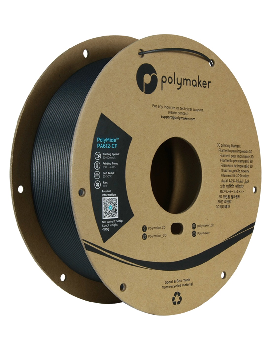 Polymaker PolyMide™ PA612-CF | Filamento para impressão 3D | 1,75 mm (0,5Kg) | Preto