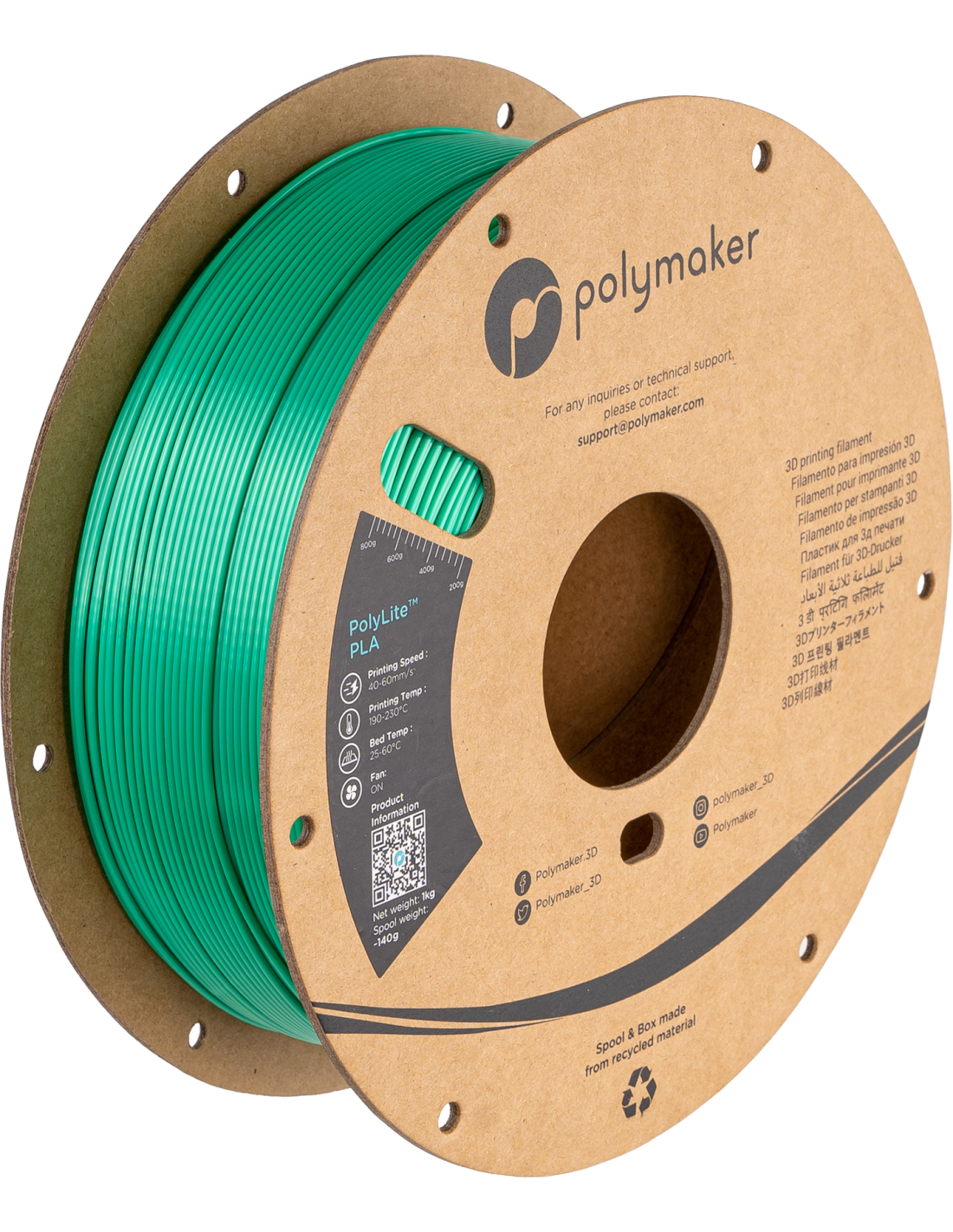 Polymaker PolyLite PLA | Filamento para impresión 3D | 1,75 mm (1Kg) | Verde de seda