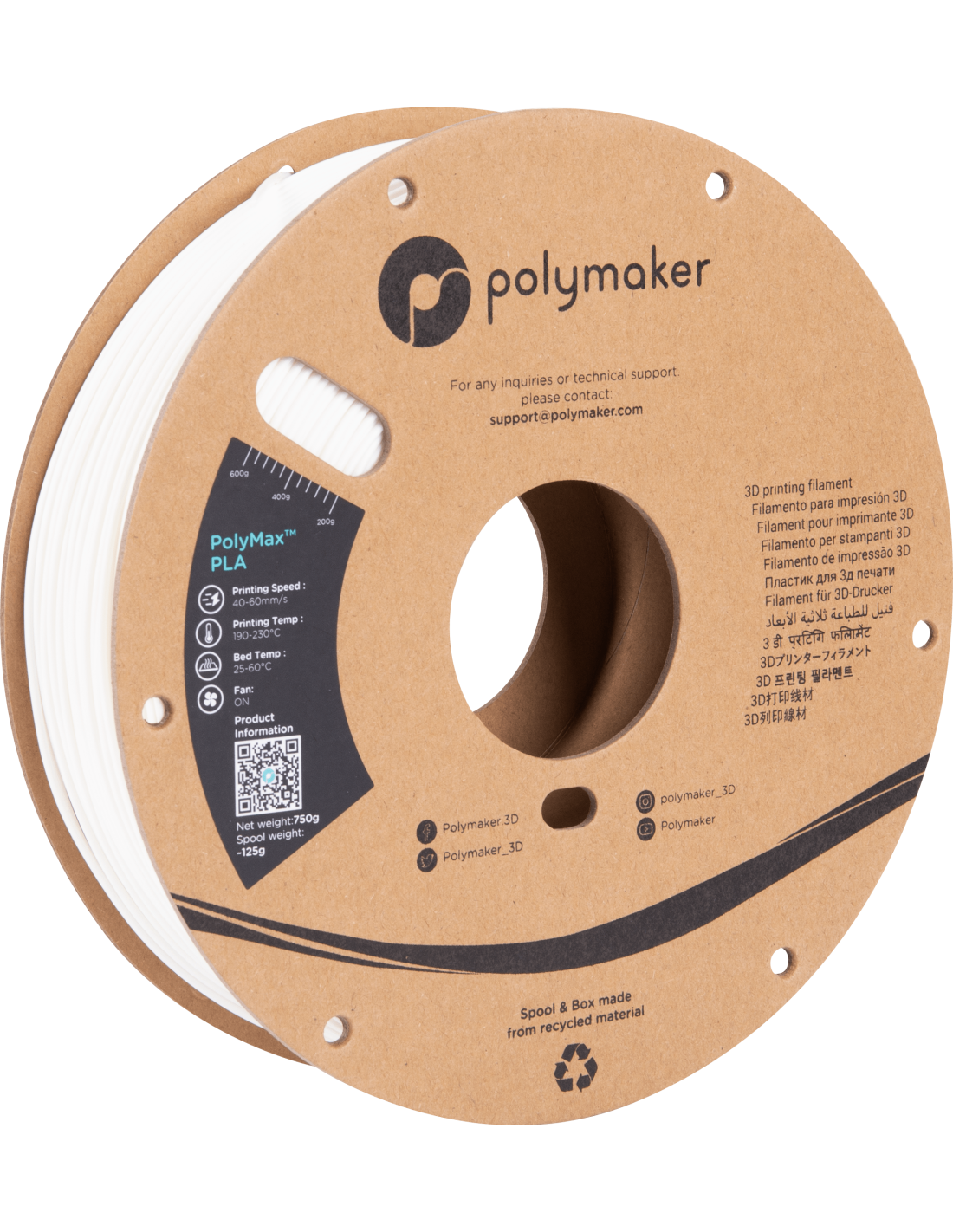 Polymaker PolyMax Tough PLA | Filamento para impresión 3D | 1,75mm (0,75Kg) | Blanco