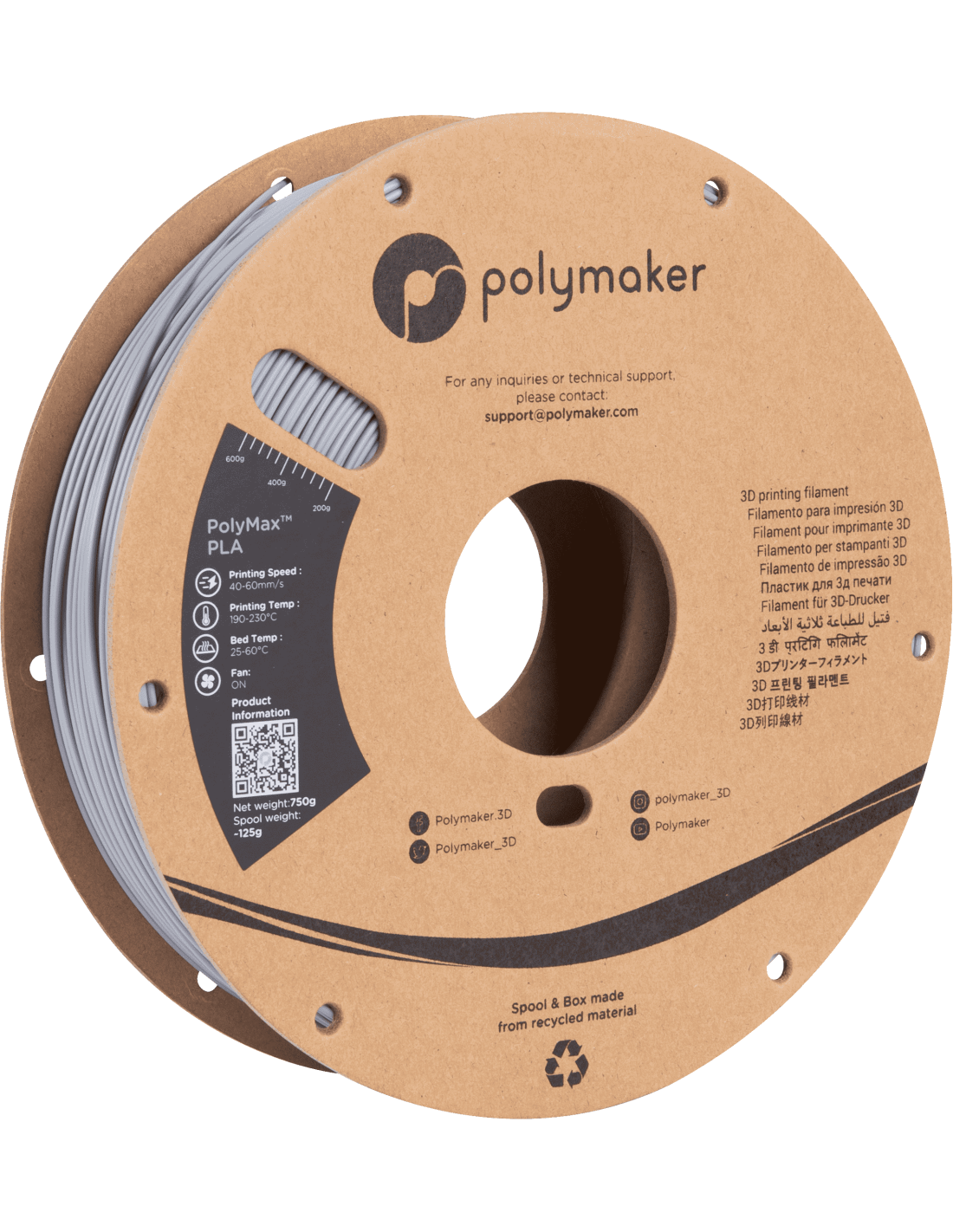 Polymaker PolyMax Tough PLA | Filamento para impresión 3D | 1,75mm (0,75Kg) | Gris