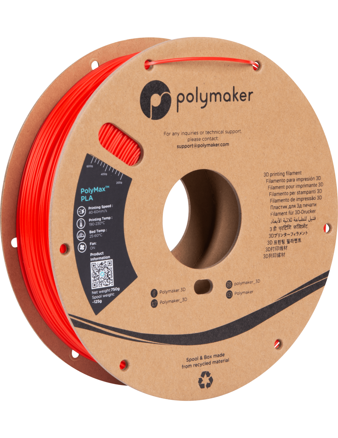 Polymaker PolyMax Tough PLA | Filamento para impresión 3D | 1,75mm (0,75Kg) | Rojo