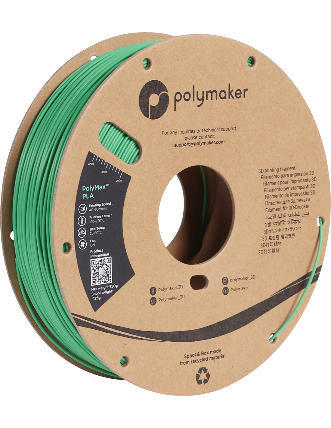 Polymaker PolyMax Tough PLA | Filamento para impresión 3D | 1,75mm (0,75Kg) | Verde