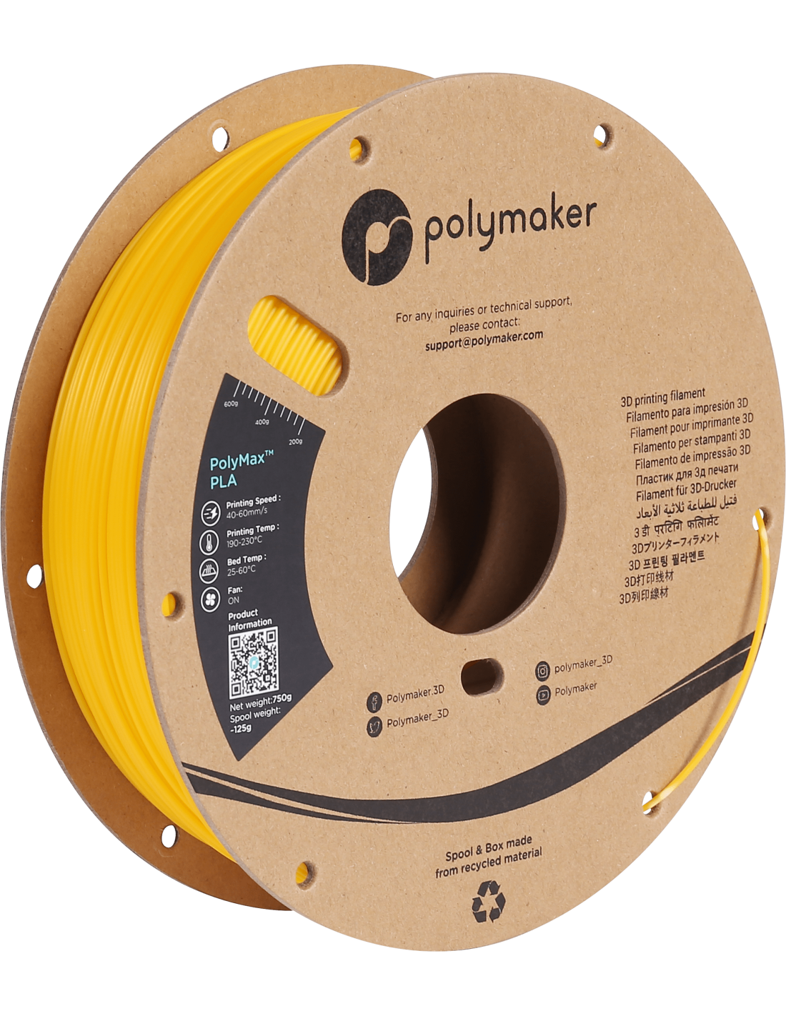 Polymaker PolyMax Tough PLA | Filamento para impresión 3D | 1,75mm (0,75Kg) | Amarillo