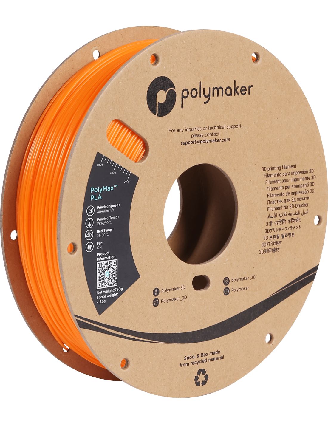 Polymaker PolyMax Tough PLA | Filamento para impresión 3D | 1,75mm (0,75Kg) | Naranja