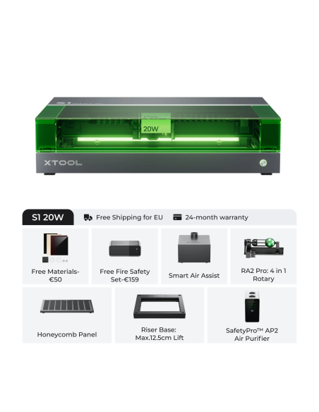 xTool S1 - 20W Ensemble tout-en-un : Machine à graver et à découper au laser : noir